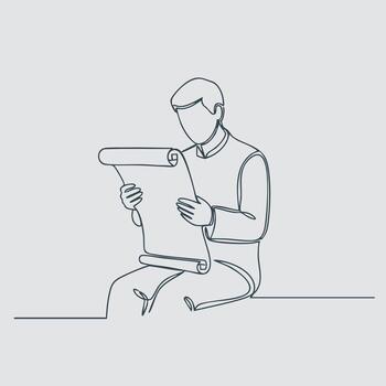 Minimalist line drawing of a person sitting and reading a rolled-up document or blueprint with a focused posture vector