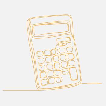 Single-line drawing of a classic calculator with a large display and multiple buttons, emphasizing simplicity and minimalism vector