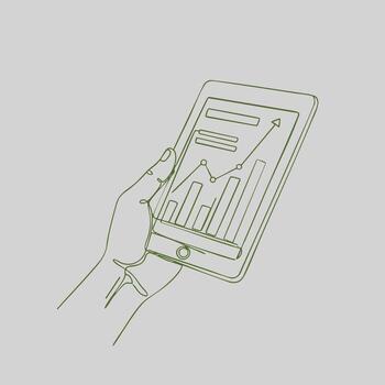 Close-up of a hand holding a smartphone displaying a graph with upward trend lines and bar charts indicating growth and progress vector