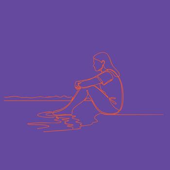 Minimalist line art of a girl sitting on the edge of a body of water, reflecting a calm and contemplative mood with a simple vector