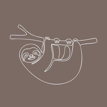 Minimalist Line Drawing of a Sloth Hanging from a Tree Branch on a Neutral vector