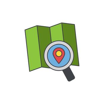 Folded Map and Magnifying Glass Icon Representing Navigation and Location Services vector