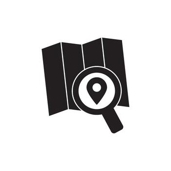 Magnifying glass over a map with a location pin icon, symbolizing search and navigation vector