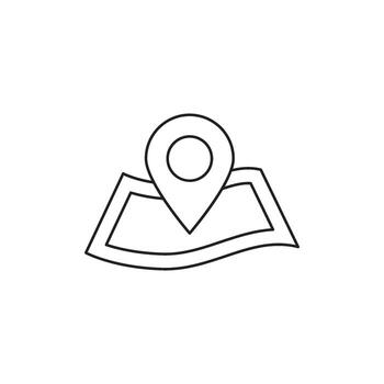 Simple black and white illustration of a map with a location pin, representing navigation and finding a destination on a flat surface vector