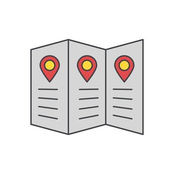 ubicación íconos en un doblada folleto o mapa indicando puntos de interesar para viaje y navegación vector