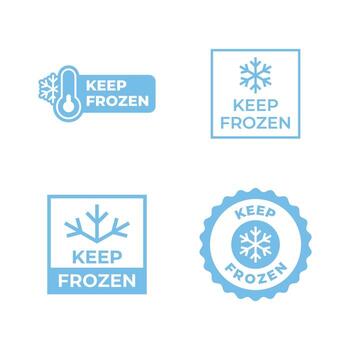 Set of four different freeze warning labels, featuring a thermometer, snowflake, and text indicating 'Keep Frozen' vector