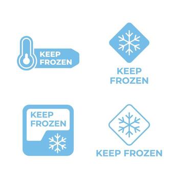 Set of blue and white icons depicting 'Keep Frozen' labels with snowflake and thermometer symbols for refrigeration and storage vector
