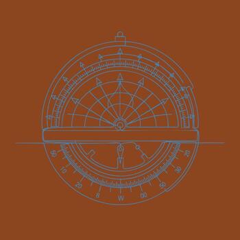 Detailed technical drawing of a navigational compass with precise markings and directional indicators on a warm brown vector