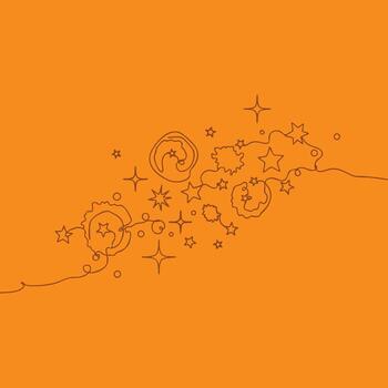 Whimsical line art of stars, planets, and cosmic elements floating across an orange with playful design vector