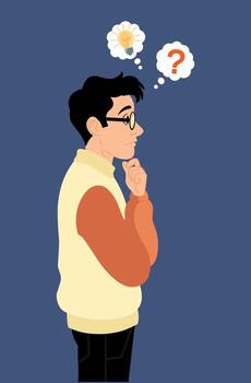 Focused man thinking about his next steps. Anxious about career progression and financial stability, he seeks the ultimate solution.Idea generation and problem-solving concept. vector