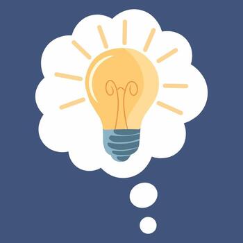 Problem Solving Creativity.Simple, flat drawing depicting a moment of inspiration or breakthrough an illuminated light bulb within a thought cloud vector