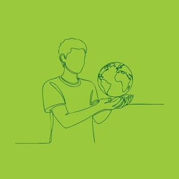 Minimalist line drawing of a person holding a globe representing environmental awareness and global responsibility vector