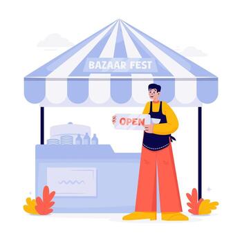 Man Holding Open Sign in Front of Bazaar Tent Illustration vector