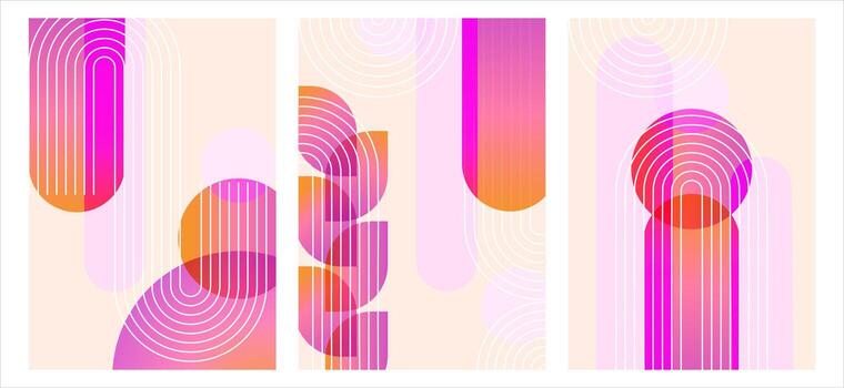 A set of abstract geometric prints in pink and orange tones. Minimalistic banner templates. Modern posters with linear shapes and gradient elements. vector