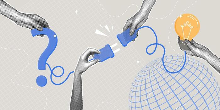 global problema resolviendo desde pregunta a idea.de moda trama de semitonos collage.hombre de negocios conecta un pregunta marca con un ligero bulbo. concepto de el resolución de problemas proceso, creativo pensamiento, problema resolviendo vector