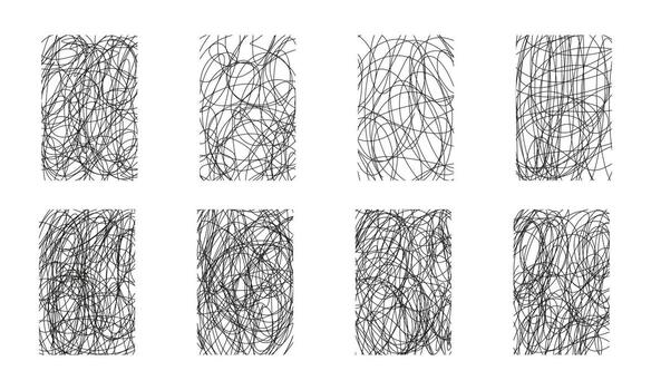 Abstract scribble texture set with doodle lines, pencil strokes and chaotic hatch effects. Hand drawn texture collection in black and white style for background, banner vector