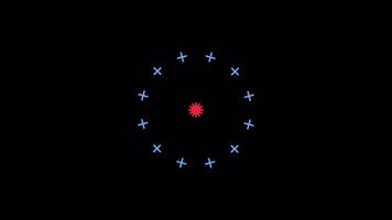 rotating plus signs and central burst on Alpha Channel Dynamic geometric animation. colorful crosses in circular pattern red, blue, and white crosses forming concentric rings. cross explosion video