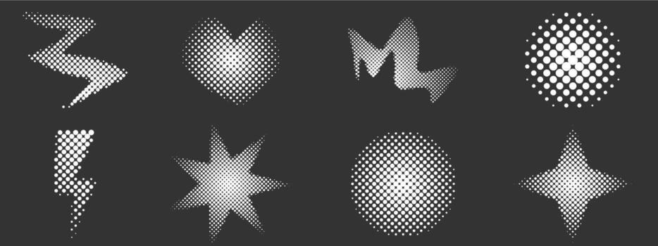 Halftone abstract geometric dotted y2k trendy decoration. Gradient retro pixel, grain effect. Pop art style dotted hearts, isolated on white vector