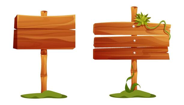 Wooden jungle set forest signposts grass, empty board textured wood plank bamboo.Wood plank frame game signpost, farm garden or jungle pointing panel. Set menu ui design. Outdoor empty textured arrow vector