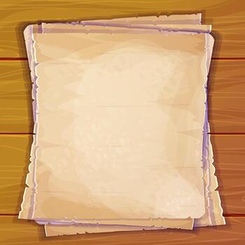 wooden desk, table with parchment paper notes top view in cartoon style. Antique document, empty pages. vector
