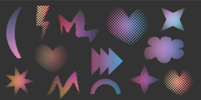 Halftone set abstract geometric set dotted y2k trendy decoration. Gradient retro pixel, grain effect. Pop art style dotted hearts, isolated on white vector