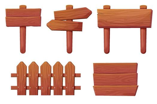Set of wooden tablets, textured panels, signboards with pointer, fence with nails in cartoon style isolated on white background. Rustic board, plank with place. Ui game assets vector