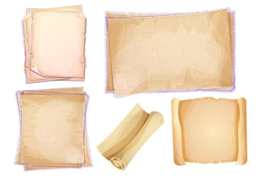 Set parchment, scroll papyrus, antique paper blank in cartoon style isolated on white background. Fairy, fantasy element, ui assets. Textured, detailed empty manuscript. vector