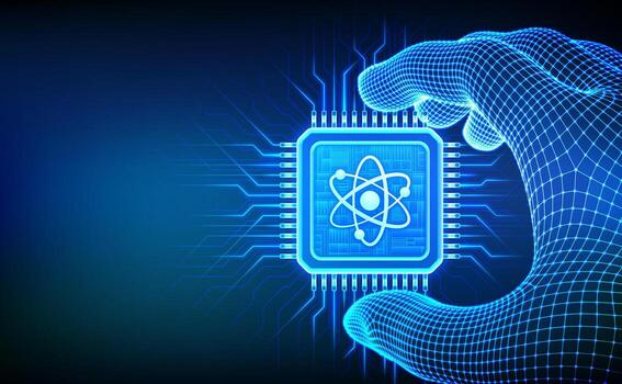 cuántico chip en mano. cuántico informática tecnología. cuántico procesador con qubit superposición. ai. artificial inteligencia. alta velocidad calculos revolucionario algoritmos ilustración. vector