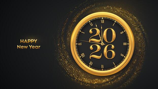 contento nuevo año 2026. dorado nuevo año cuenta regresiva reloj con números 2026 adentro. festivo antecedentes con oro brillar trama de semitonos efecto. nuevo año saludo tarjeta o fiesta invitación. ilustración. vector