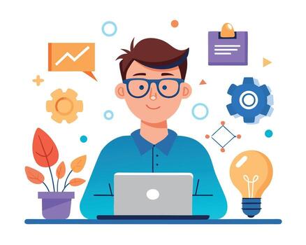 Man working on laptop with creative icons isolated on white background vector