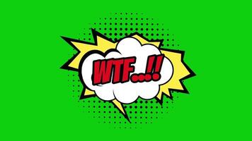 wtf words in red text on cartoon comic bubbles with bursting pattern on green background seamless looping animation video