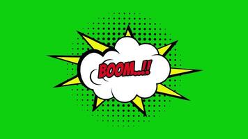 il parola boom nel rosso testo su cartone animato comico bolle con scoppiando modello su verde sfondo senza soluzione di continuità looping animazione video