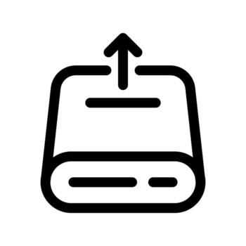 A simple line icon of a network server rack with an up arrow for data transfer upload. vector
