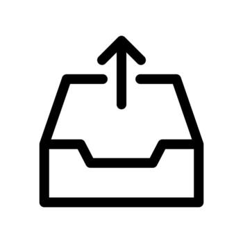 A linear graphic of a storage archive box with an up arrow for filing upload. vector