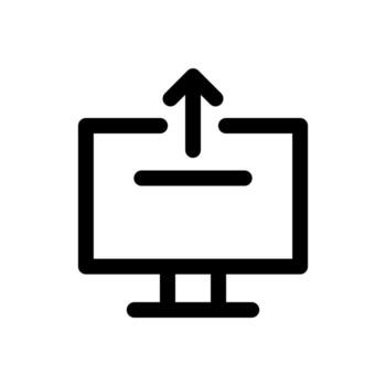 A linear graphic of a monitor screen with an up arrow for desktop upload. vector