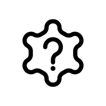 A linear graphic of a gear with a question mark, used for setting ask or configuration help. vector