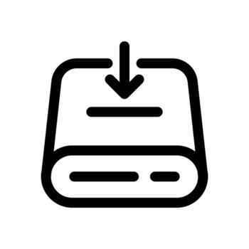 An outline icon of a network server rack with a down arrow for data retrieval download. vector