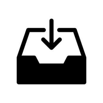A simple filled icon of a storage archive box with a down arrow for retrieval download. vector