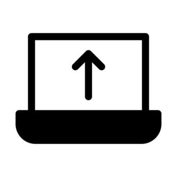 un sólido icono de un ordenador portátil computadora con un arriba flecha para móvil archivo subir. vector