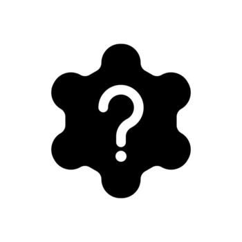A filled graphic of a gear with a question mark, used for setting ask or configuration help. vector