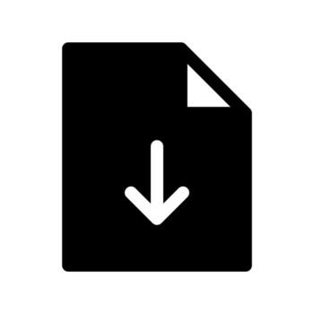 A simple filled icon of a paper document with a down arrow for file download. vector