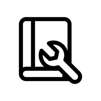A simple line icon of a book and a gear, used for adjusting book setting or reading preferences. vector