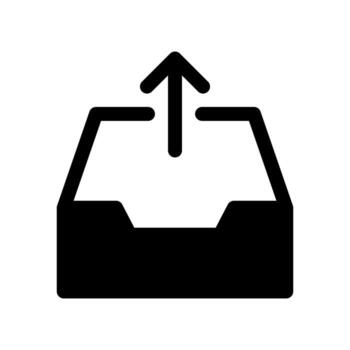 A filled graphic of a storage archive box with an up arrow for filing upload. vector