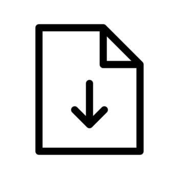 A simple line icon of a paper document with a down arrow for file download. vector