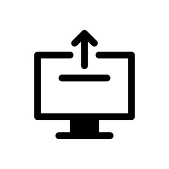 A filled graphic of a monitor screen with an up arrow for desktop upload. vector