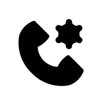 A filled graphic of a telephone and a gear, indicating call phone service settings or technical support. vector