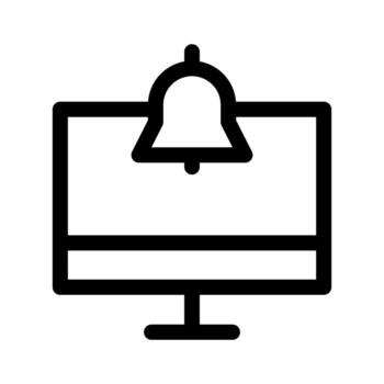 A simple line icon of a desktop monitor with an alert bell, signaling a system notification. vector