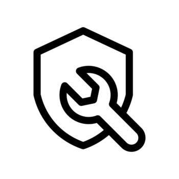 An outline graphic of a security shield and a wrench, indicating system shield repair or protection fixing. vector