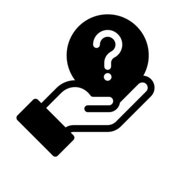 A simple filled icon with a question mark and a hand, representing a direct request for ask help or assistance. vector