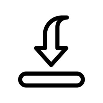 An outline icon of an arrow entering a flat base or platform for a quick download. vector